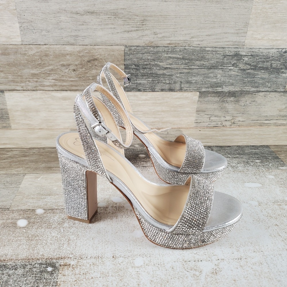 Jessica Simpson Aitina Womens Sandal Sz 6 Silver Platform Ankle Strap Block Heel
